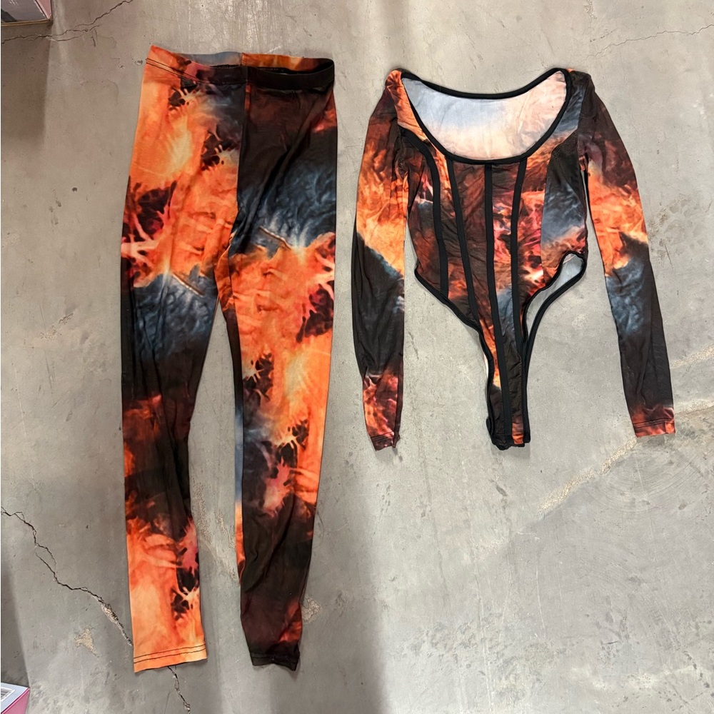 Dolls Kill Fiery Orange and Black Bodysuit Set